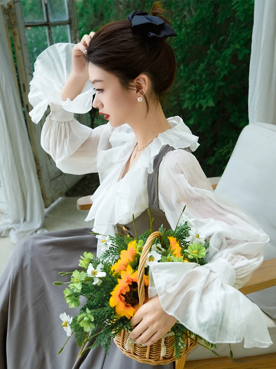 

Original Miss Egg Romantic Moonlight Vintage Court Style Shirt with Lace Trim Lantern Sleeve White Summer New Women's ...
