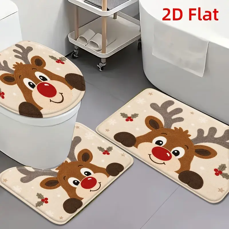 VIKAMA Holiday Reindeer Bathroom Mat Set Red Nose Berry Lid Cover U Shape Non Slip Absorbent Washable 2027 Christmas Home Decor