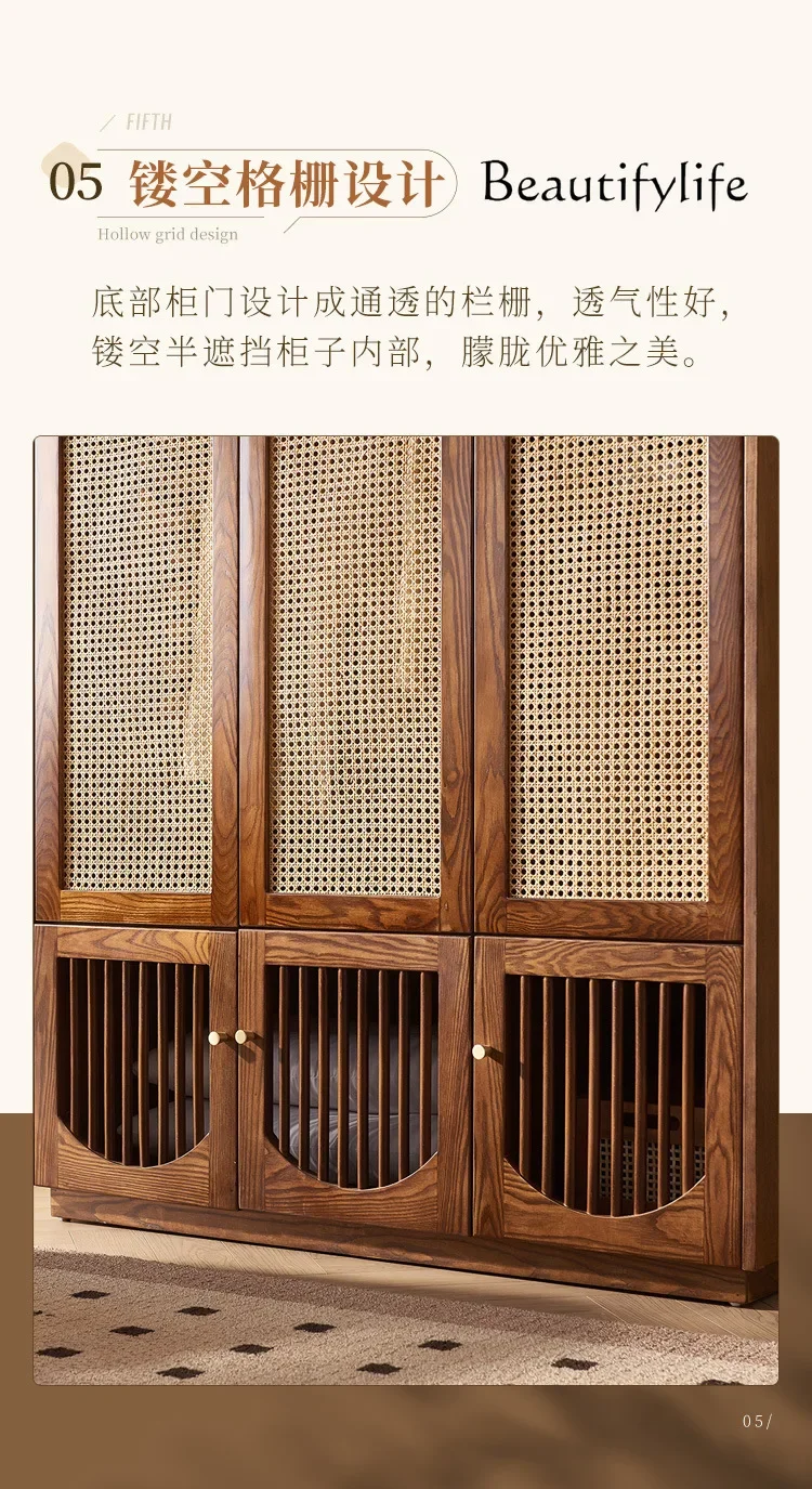 Medieval rattan solid wood wardrobe combination Japanese simple large-capacity wardrobe