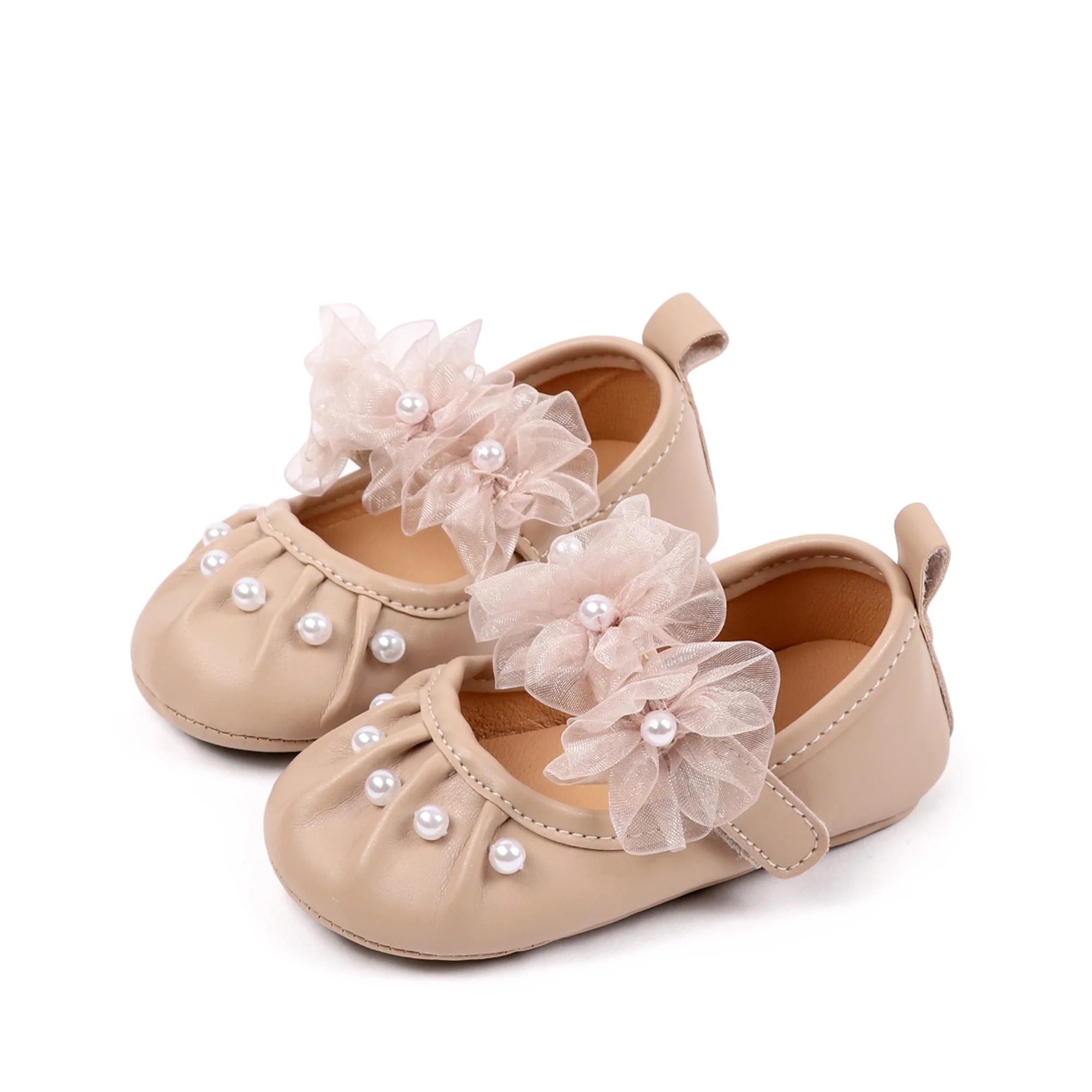 

Baby Girls Mary Jane Shoes Princess Cute Mesh Flower Pearl Design Soft Non-Slip Infant Baby First Walking Shoes