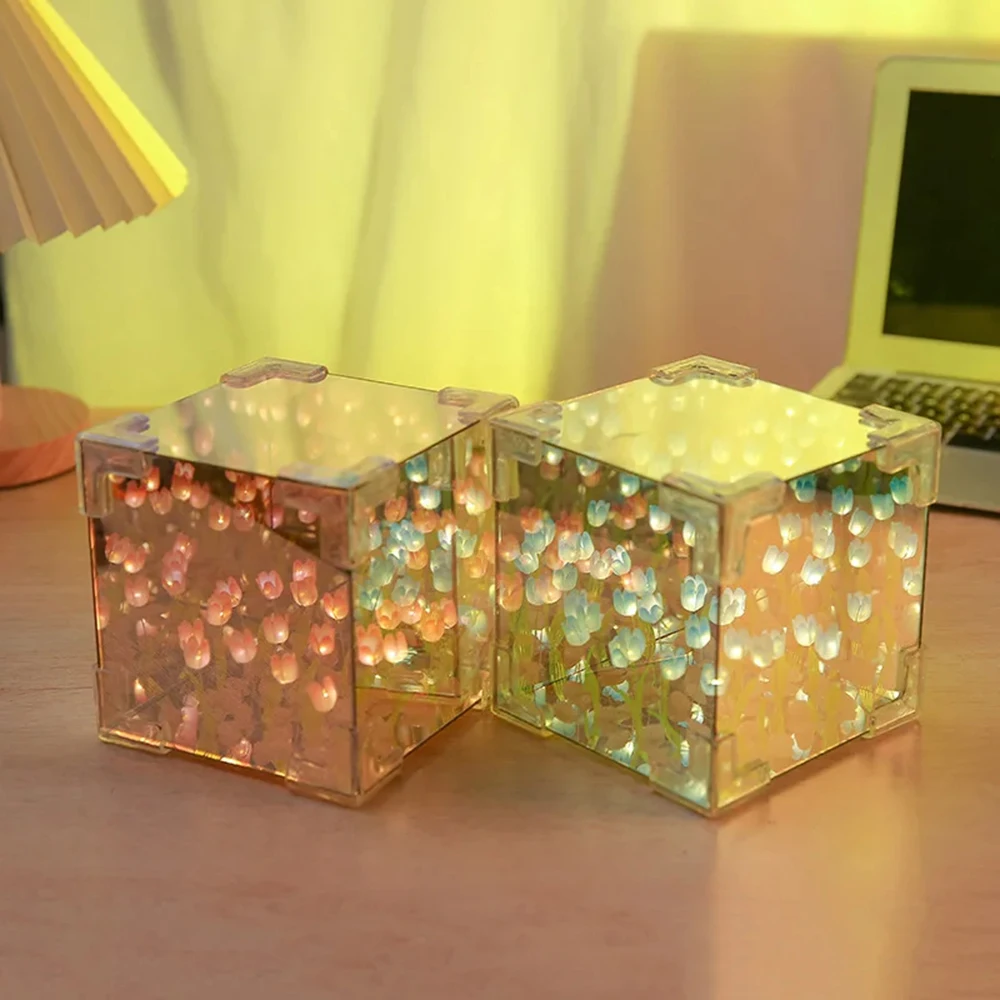 1pc DIY Flower Cube Tulip Flower Sea Stereo Night Lamp Mirror Table Lights Couple Girlfriends Gifts Craft Birthday Bedroom Decor