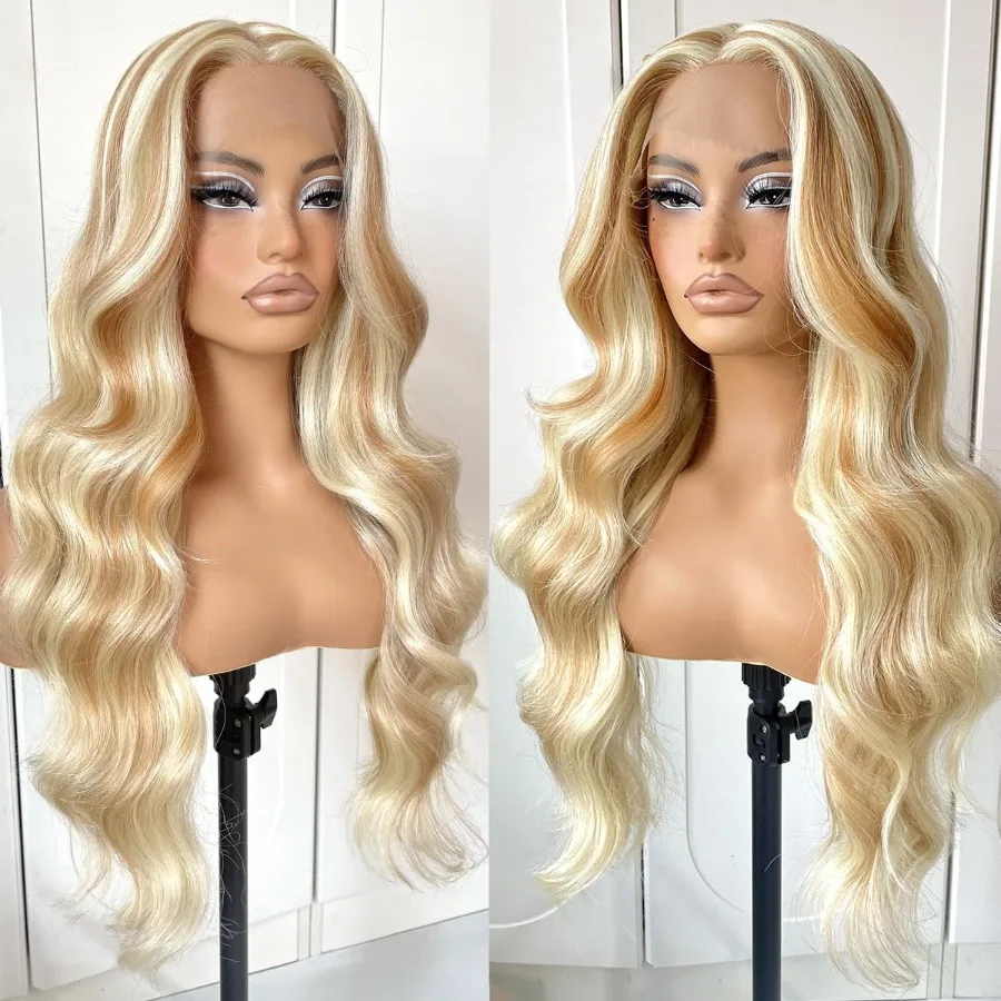 Blonde Highlights Lace-Front-Perücke für den täglichen Gebrauch, vorgezupftes, leimloses Design, 613, Highlight-Farbe, ReadytoWear, HD-Qualität, Natura