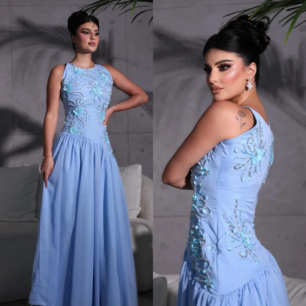 Customized Jersey Beading Sequined Evening A-line O-Neck Bespoke Occasion Gown Long Dresses