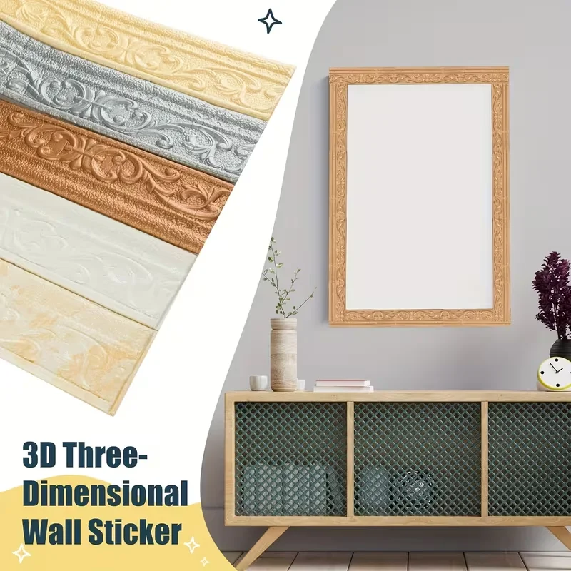 1PC 2.3/10m 3D Pattern Foam Adhesive Wall Edge Strip, Crown Shape,Soft, for Bedroom, Living Room, Bathroom, Kitchen, Home Decora