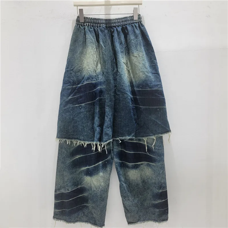 SuperAen Korean-style Fashion High Waist Casual Denim Long Skirt Pants for Women Spring High Street Loose Asymmetrical Pants