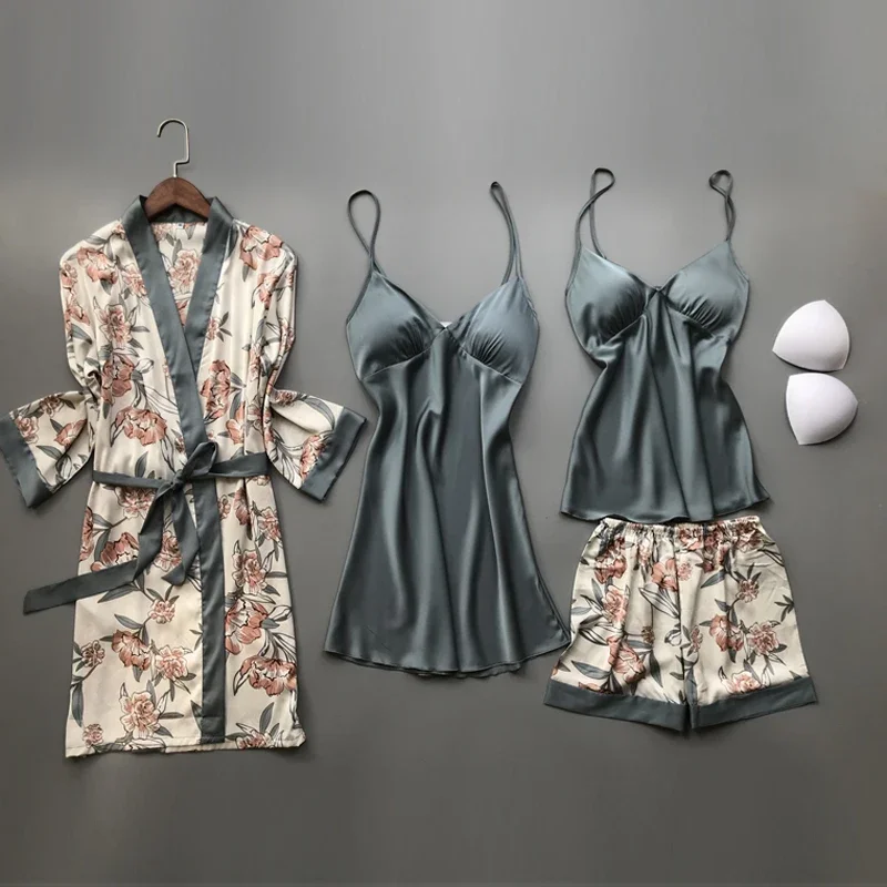 QWEEK Home Suit Silk Pajamas for Women Floral Lounge Wear Pijama Summer Pyjamas Satin Sleepwear V-Neck  2 Piece Sets