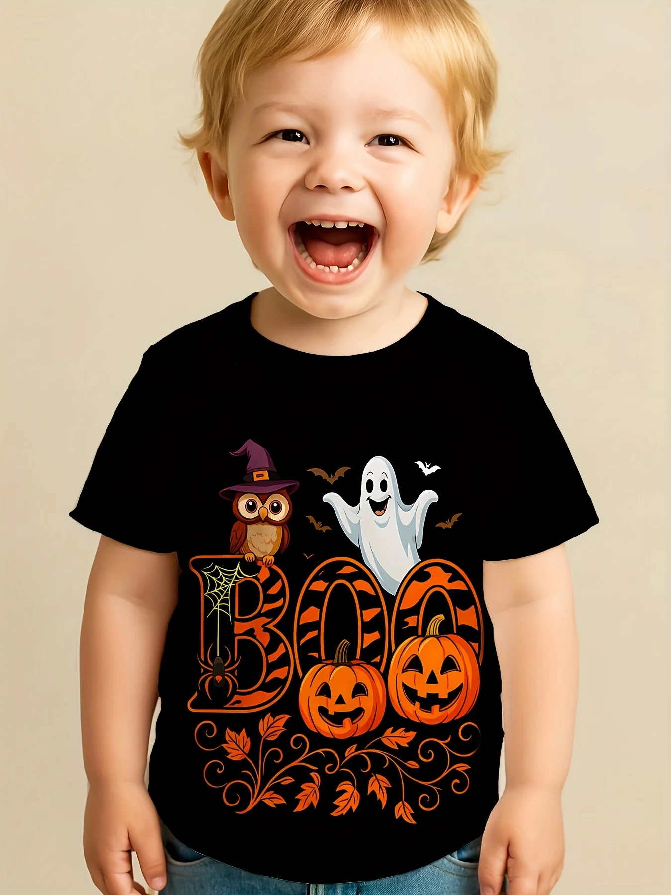 تي شيرت ممتع للهالوين للأولاد - "BOO!" مطبوعات الشبح/القرع/البومة، بوليستر مريح، للهالوين والخدعة أو المعالجة