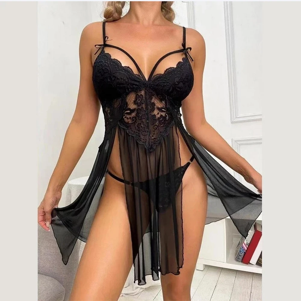 Camisón de encaje transparente para mujer, ropa interior de talla grande, Sexy, entrepierna abierta