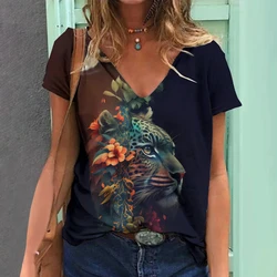 Tiger Graphic T-Shirts Animal 3D Print Women Short Sleeve T Shirt V-Neck Streetwear Oversized Harajuku Female Tees Tops Clothing