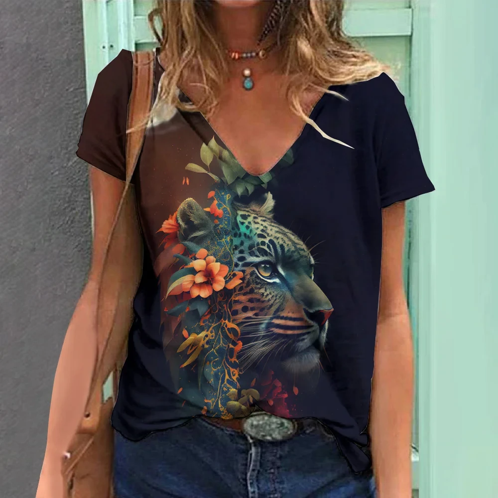 Tiger Graphic T-Shirts Animal 3D Print Women Short Sleeve T Shirt V-Neck Streetwear Oversized Harajuku Female Tees Tops Clothing