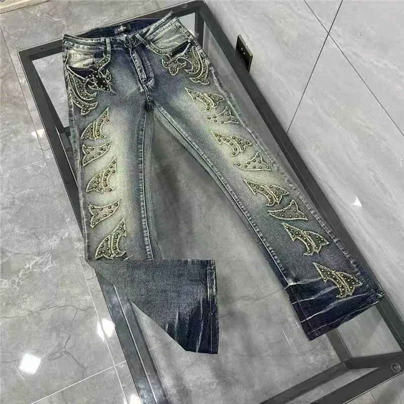 

Retro Embroidered Rivet Men's Slim Straight Jeans Trendy Long High Street Sle Denim Pants mid Waist Dstring Winter Wear