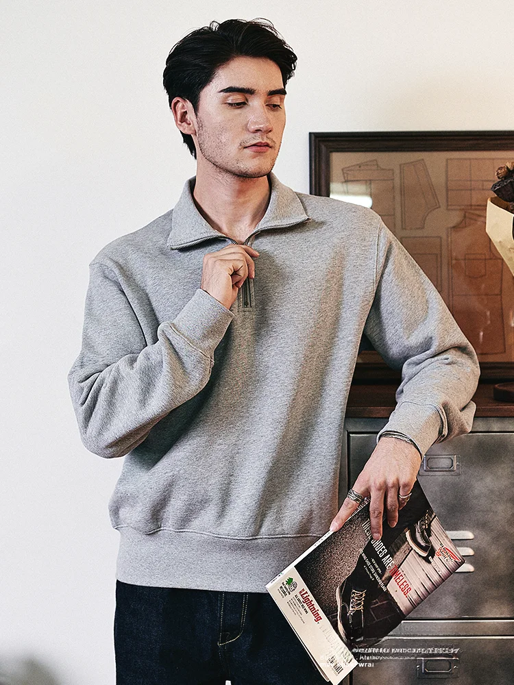 

American Retro Autumnal Khaki Pure Cotton Heavyweight 450g ey Collared Sweatirt Jaet Thiened Sportswear for Men