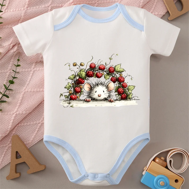 Pure Cotton Onesie Cute Mouse & Sweet Berry Print Bodysuit Comfortable Cloth for Baby Jumpsuit for 0 To 12 Months Newborn
