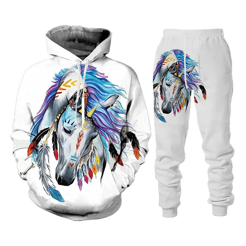 Vintage Animals 3D Horse Print Man Woman Tracksuit Set Fashion Casual Hoodie+Pants 2 Piece Sets Trend Streetwear Kids Clothing