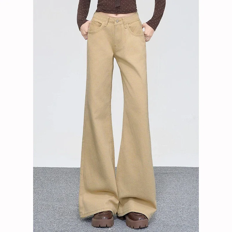 Pantalones vaqueros clásicos de cintura alta para mujer, color caqui, moda Retro, pantalones vaqueros para niñas, pantalones de pierna recta finos informales coreanos