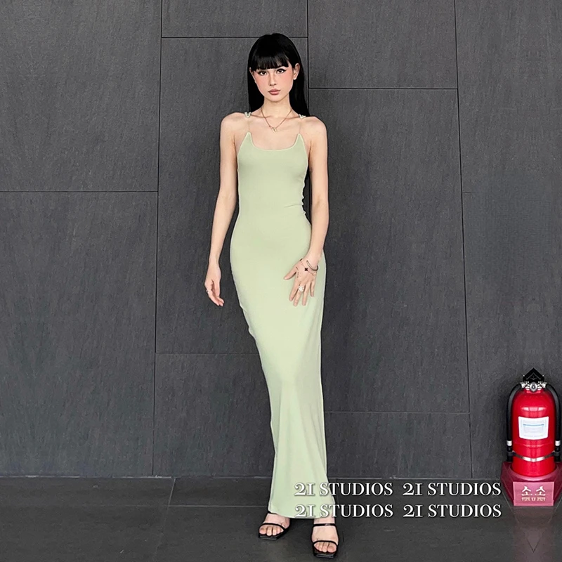 Dress V-neck Green H-Shaped Pullover Backless Women's Summer Sexy Slim-Fit Slimming Black Invisible Sleeveless Camisole Long 1Pc