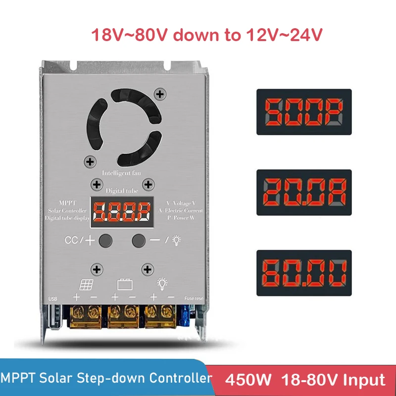 Controlador Step-down Solar Mppt 450w Entrada 18v80v Carregamento Step-down para 12v 24v Bateria de Lítio de Gel de Chumbo-ácido