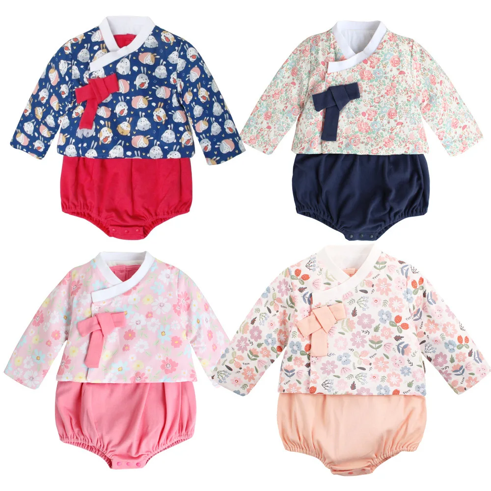 Baby Girls Korean Hanbok Outfit Floral Print Quilted Jacket Bodysuit Set Autumn Winter Festive Casual Daily Wear Infant Clothing