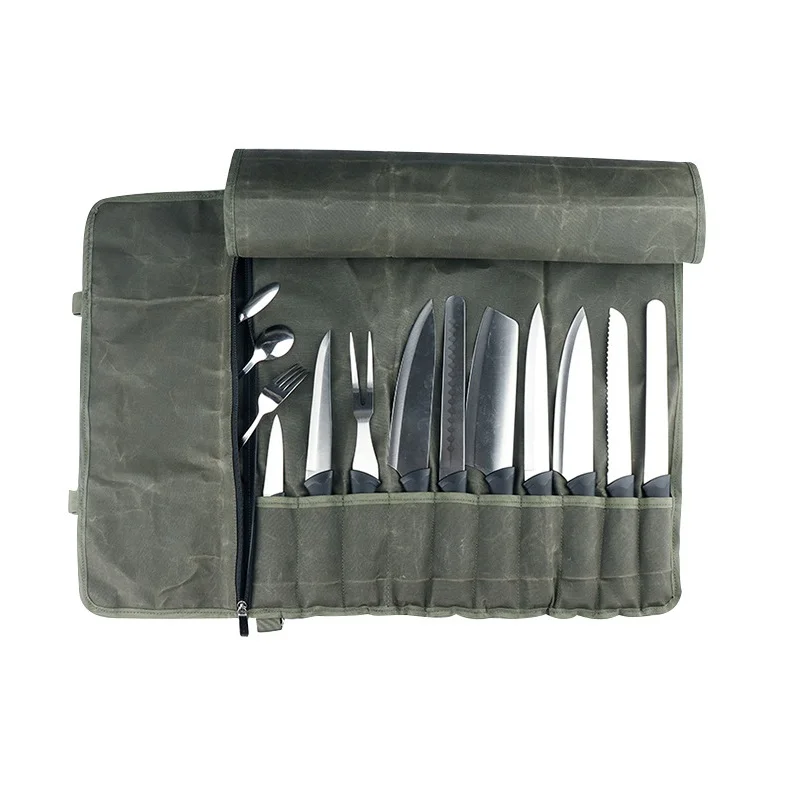 Canvas Chef Knife Bag Knife Roll Bag Kitchen Cooking Bag Portable Knife Carry Bag Knife Storage Bag Pockets Roll Up Knife Bag