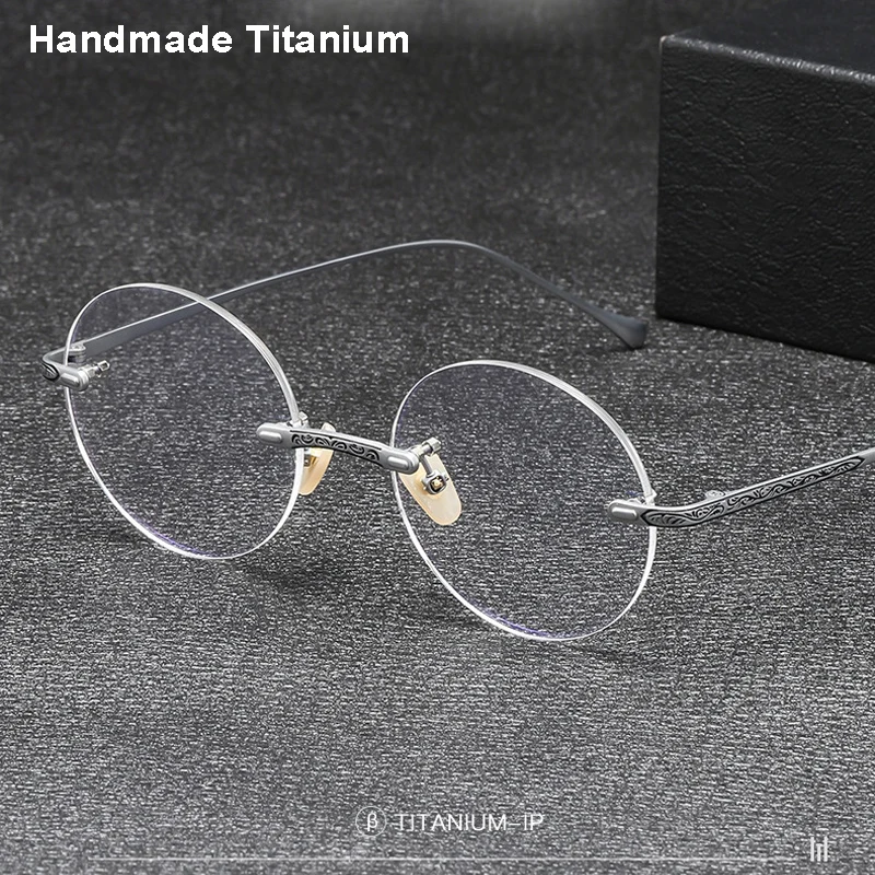 Top Quality Handmade Titanium Rimless Optical Eyeglasses Men Designer Vintage Round Glasses Frame Women Ultralight Eyewear