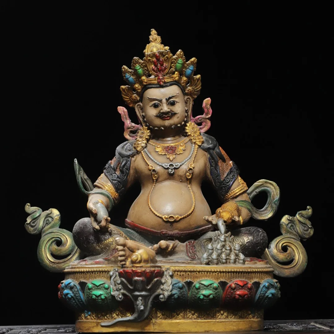 Old Bronze Cinnabar Painted The Yellow God of Wealth Buddha Terrace Sitting Buddha Yellow Jambhala Amitabha Buddha