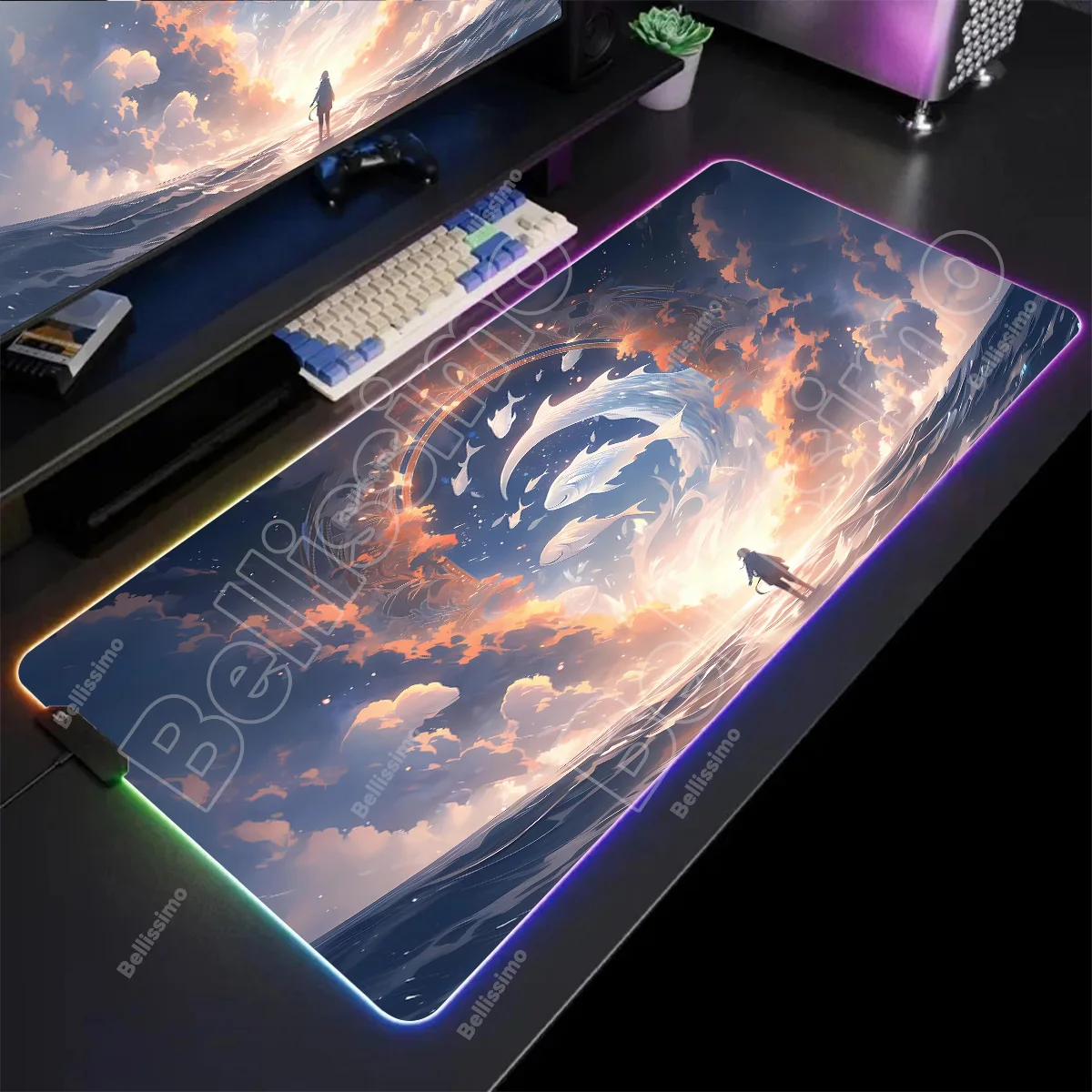 Anime Mouse Pad Science fiction scenery Game RGB Colorful Deskmat Gamer Keyboard LED Glowing Mausepad Rubber Mat With Backlight
