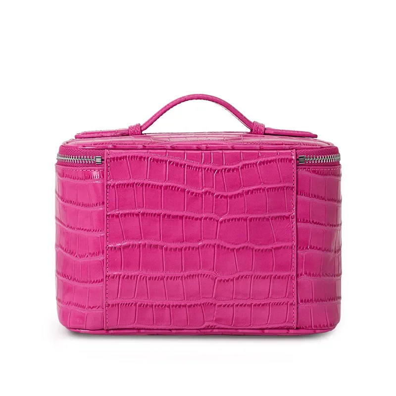 Aidrani Real Cowhide Cosmetic Bag, Croc Pattern Travel Makeup Organizer with Mirror, Portable Handheld Toiletry Case for Ladies
