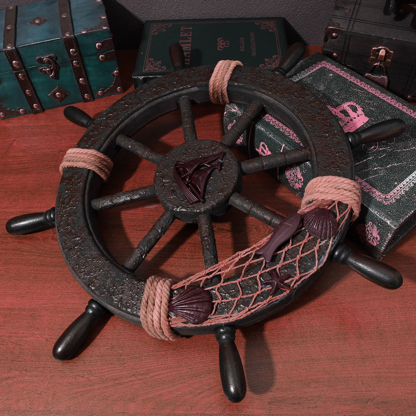 

Handcrafted Wooden Ship Wheel Wall Decor Hanging Adornment for Living Room Bedroom Marine Theme Decoration