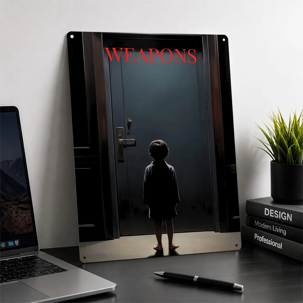 Boy Facing Door Labeled 'Weapons' Poster Modern Wall Art Customized Retro Metal Sign for Living Room Bedroom Office Home Decor