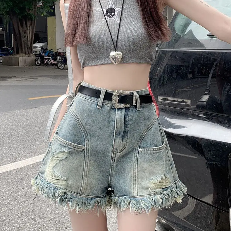 Lagged Burr High Waist Denim Shorts Women Summer New Style Niche Casual Versatile Retro Slimming Design A-Line Pants
