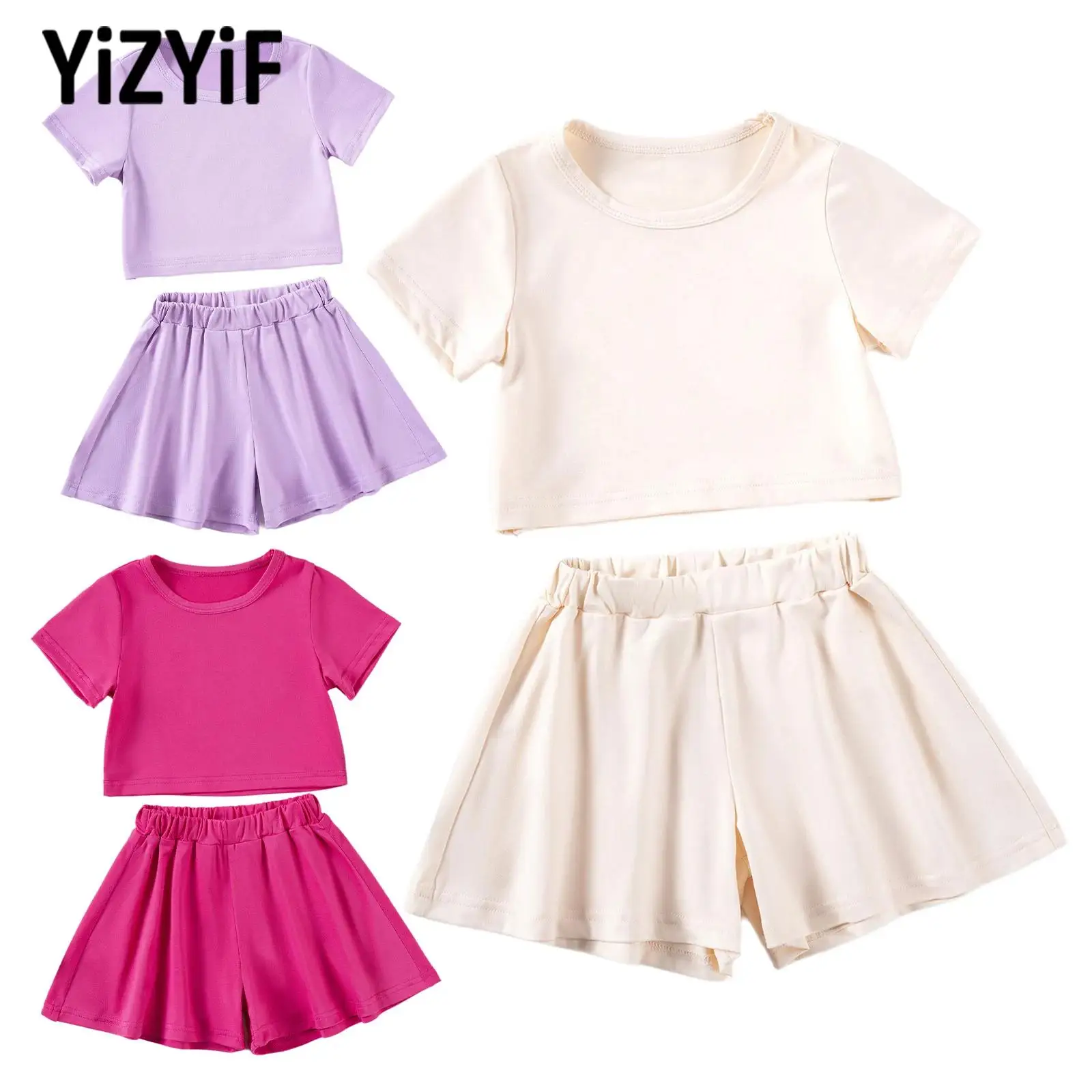

Summer Sports Girls Suit Solid Color Short Sleeve T-shirt+Shorts Sets for Running Workout Gym Yoga Jazz Hip-hop Dance Streetwear