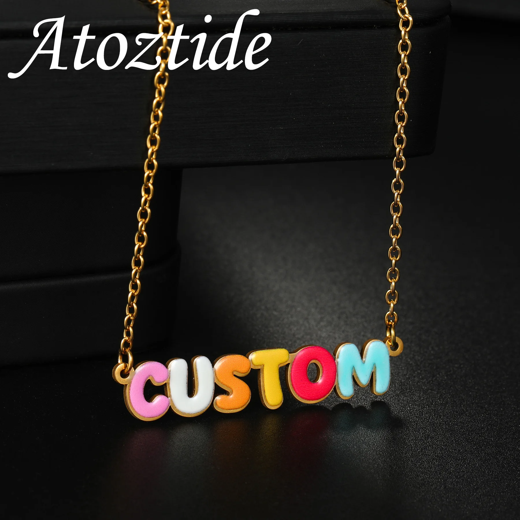 Atoztide Personalized Custom Name Necklace for Women UV Color Printing Initials Letter Stainless Steel Nameplate Jewerly Gift