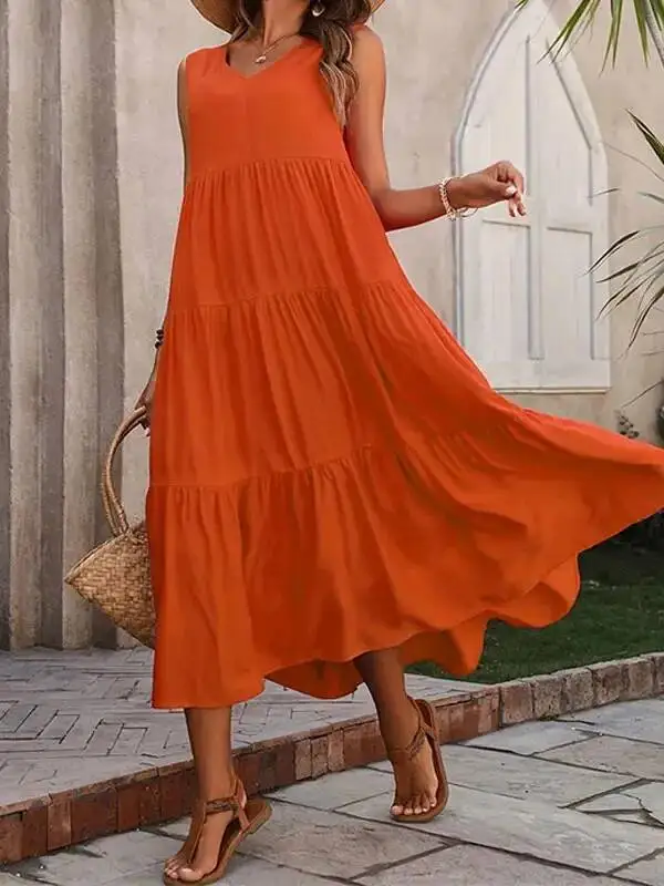 2025 Women Dress Summer Casual Brand Vacation Holiday Beach Long Dresses V-neck Loose Elegant Yellow Black  Dress Femme C4Z0