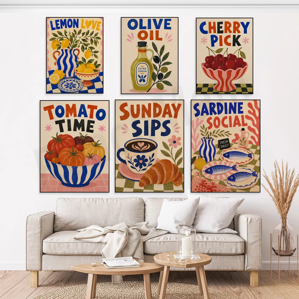 Coffee-themed, lobster, cherry, tomato, lemon, sardine, olive oil-themed, retro kitchen food-themed decorative posters
