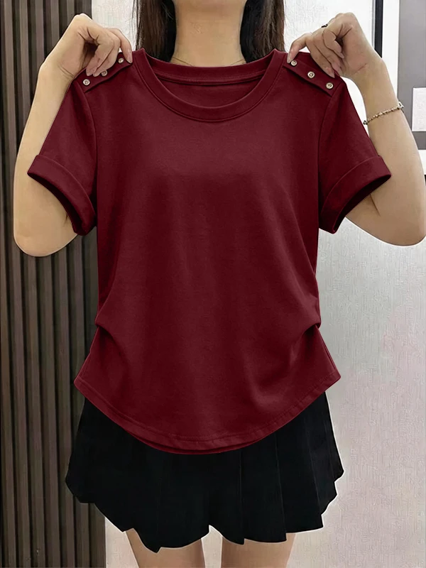 2026 New Fashion Pleated round Neck Short Sleeve T-Shirt Women Summer Simple Match Loose Belly Covering Slimming Top