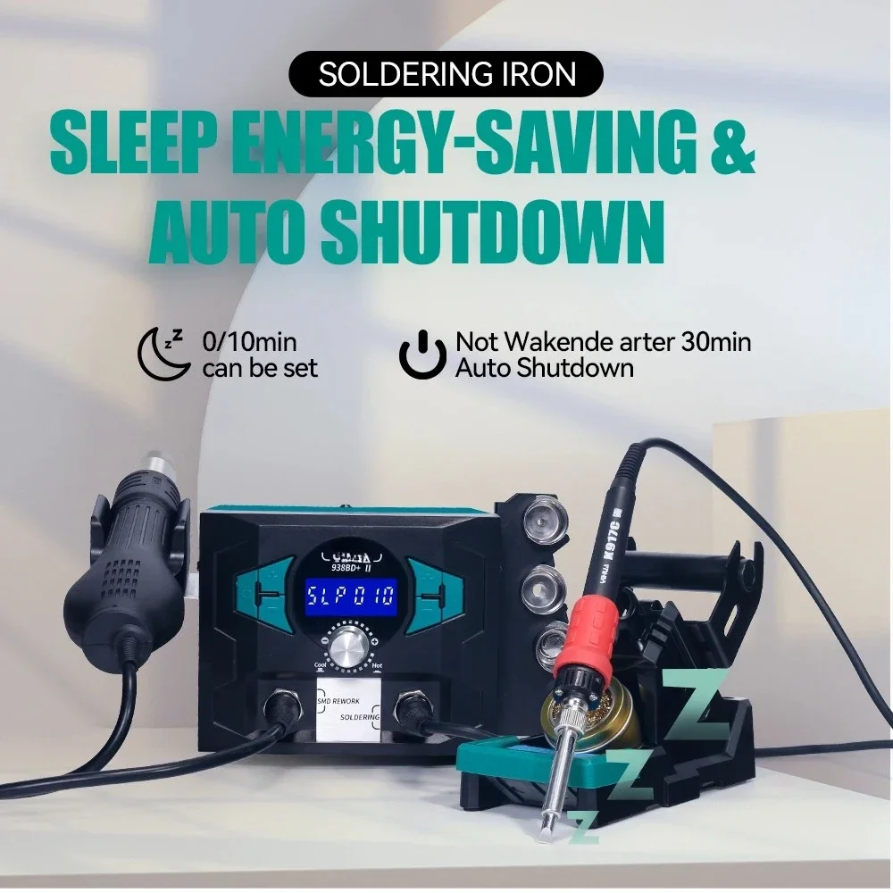 938BD+-II 110W Auto-standby Auto-poweroff Soldering Iron 100-480 Celsius 810W Hot Air Rework Station