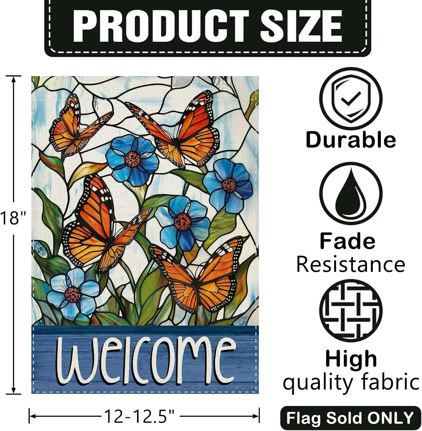 Dyrenson Welcome Stained Glass Butterfly Floral Decorative Garden Flag, Spring Summer Flower Yard Outside Home Decoration, B ZZM