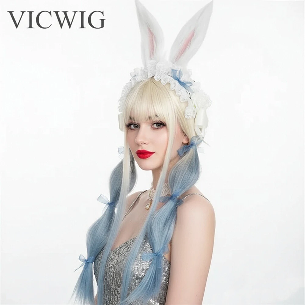 

VICWIG Long Straight Synthetic Hair Gradient Blue green Purple Grey Cosplay Wig with Bangs Lolita Style Women's Wig