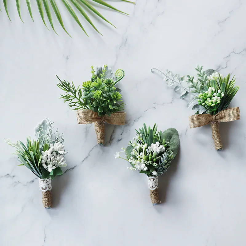 Groene Kunstmatige Mannen Bloemen Boutonniere Europese Bos Stijl Corsage Bruiloft Accessoires Witte Bruids Bruidsmeisje