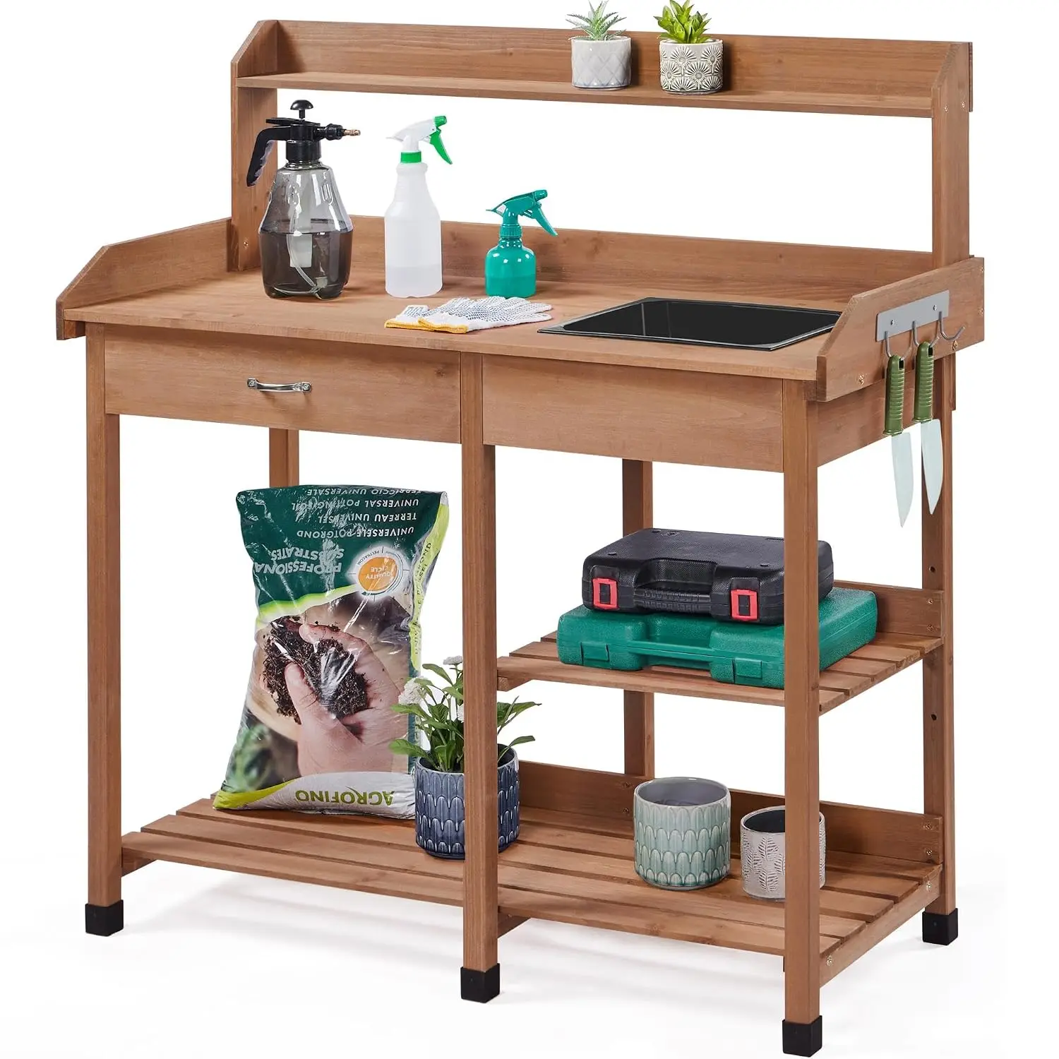 Potting Bench with Sink & Drawer, Outdoor Gardening Table, Brown, Customized