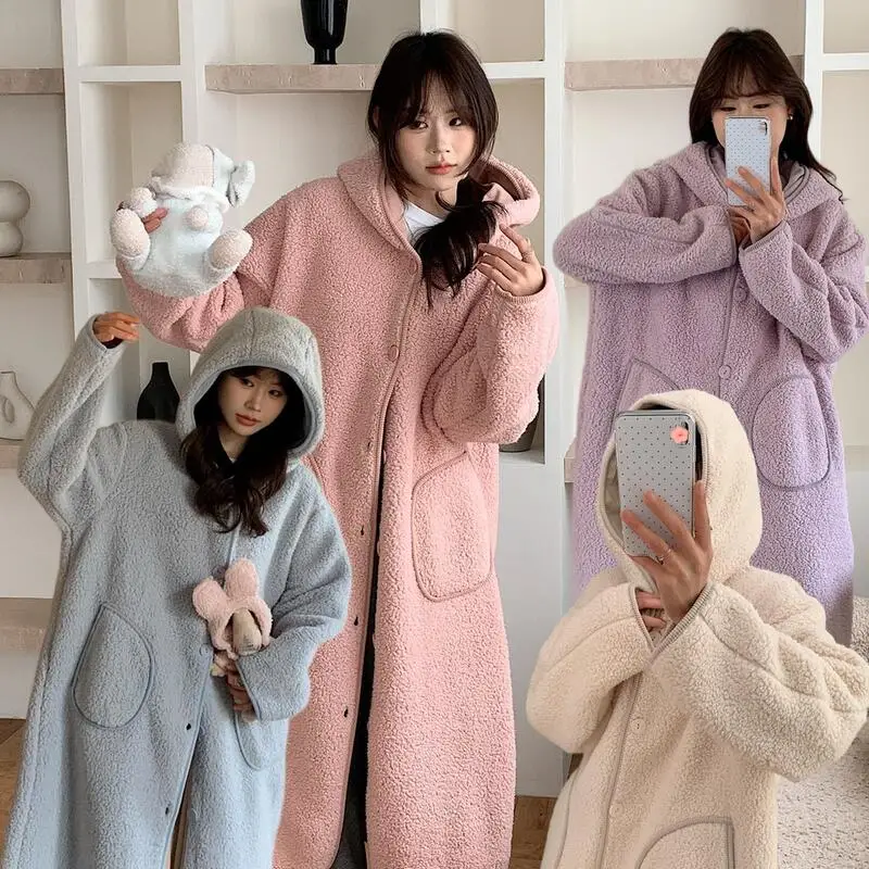 

Осень и зима, новая домашняя одежда из овечьего флиса, спальный халат с капюшоном, свободная утолщенная теплая исцеляющая серия, которую можно носить на улице