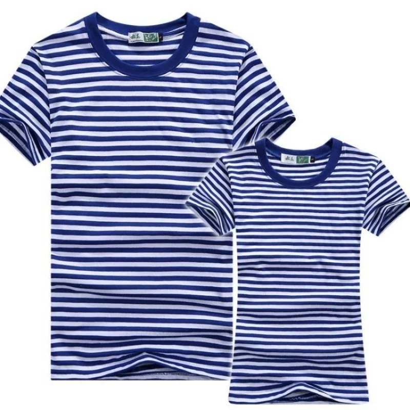 Camiseta deportiva de manga corta para hombre, camisa azul marino y blanca a rayas, Tops para padres e hijos, camisetas informales con cuello redondo