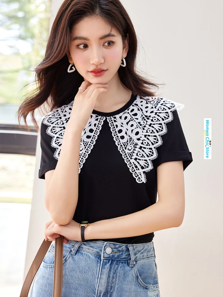 

Lace Spliced Short Sleeve Black Casual T Shirt Women Y2k Top 2024 Summer New Elegant Chic Slim Fit Tees Shirts Female D5079