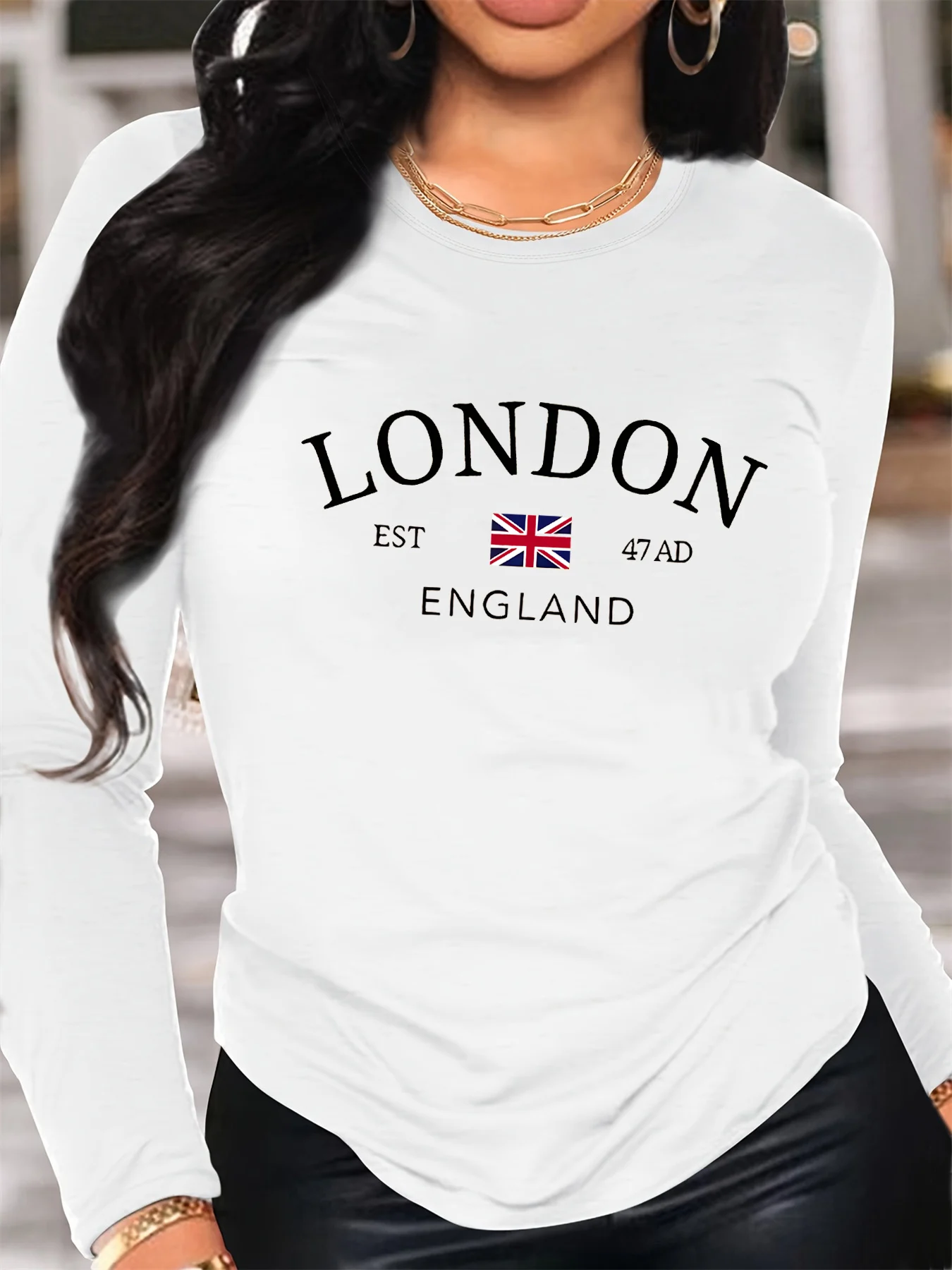 100% Pure Cotton Women's Spring and Autumn Comfortable Casual Long Sleeved London England Pattern Printed Round Neck T-Shirt