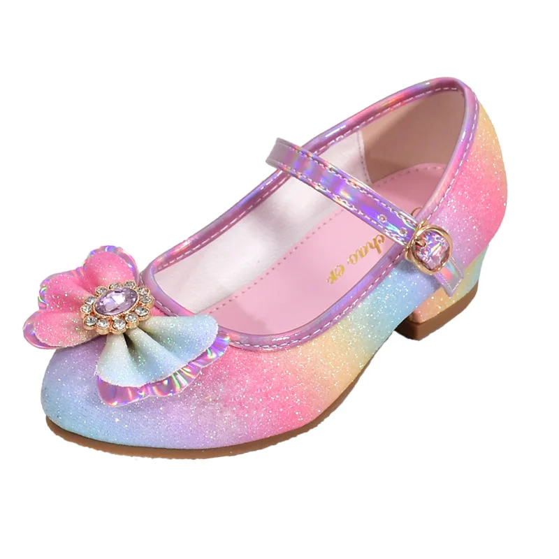 Zapatos de cuero arcoíris con lentejuelas para niña, zapatillas de princesa, calzado de rendimiento, 23