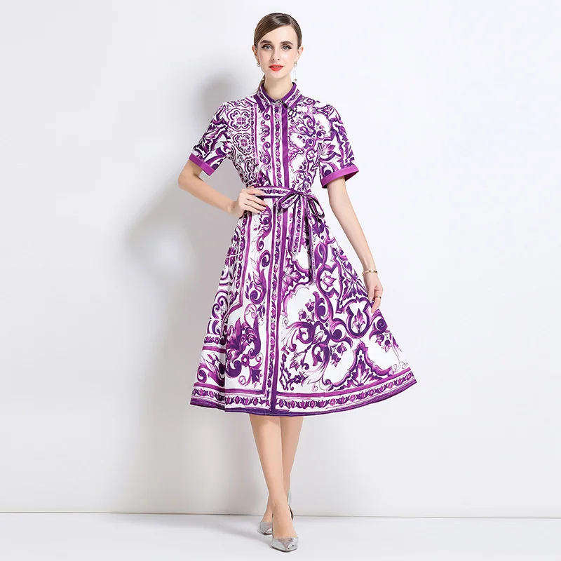 Cárdigan Abierto con Estampado Floral Morado Ele, Falda Tipo A con Cinturón, Tela de Poliéster, Estilo Casual para Mujer