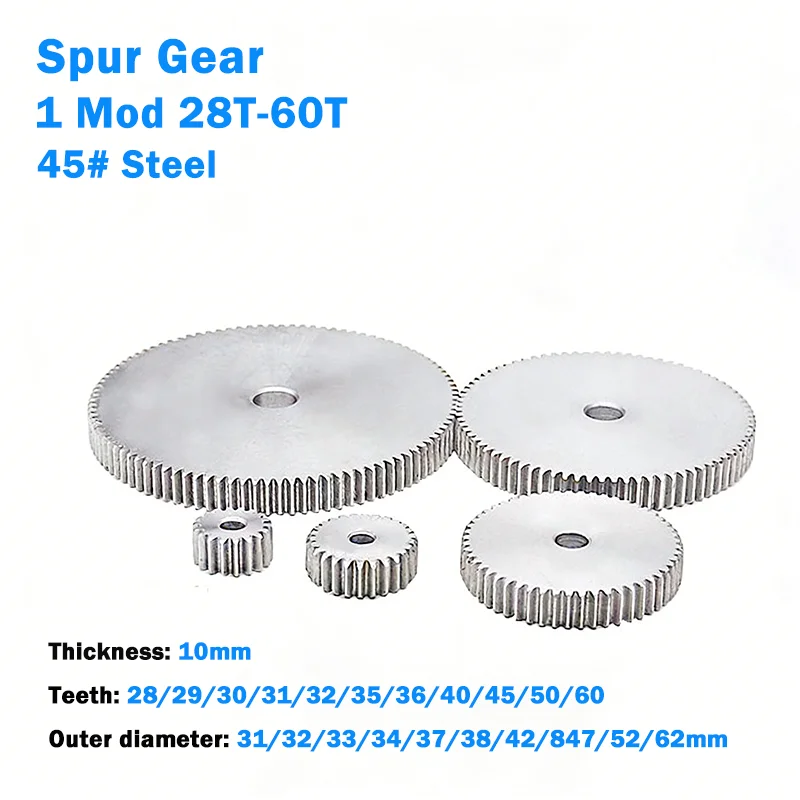 1 Mod 28T-60T Spur Gear 45# Steel 28-60Teeth Thickness:10mm Cylindrical Flat Gear Pinion Metal Transmission Motor Gears