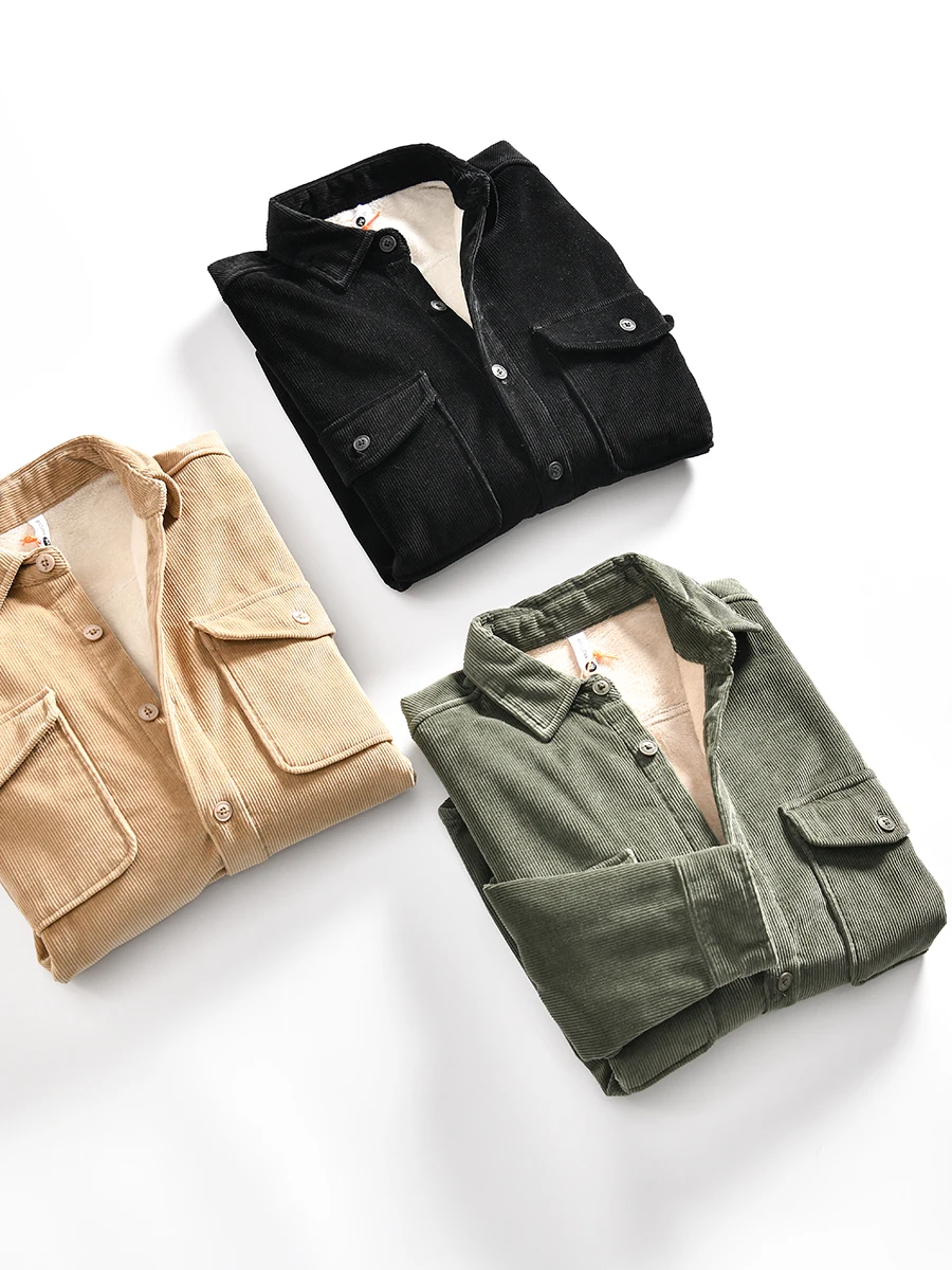 

Retro Thickened Fleece Lined Pure Cotton Long Sleeve Shirt Jacket for Men Autumn Winter Standard Fit Fashion Urban Style