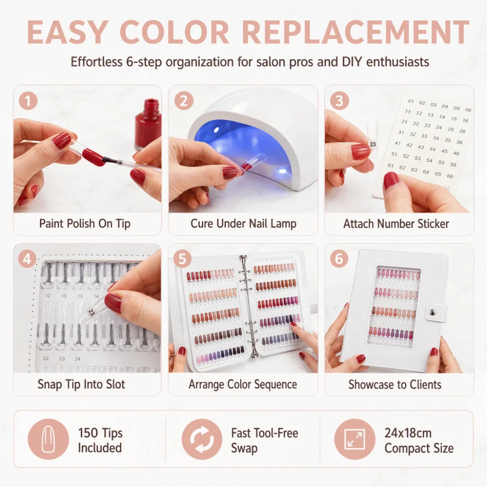 150pcs Transparent Nail Color Display Book Plastic Detachable Nail Polish Card Holder Lightweight Stainless Steel