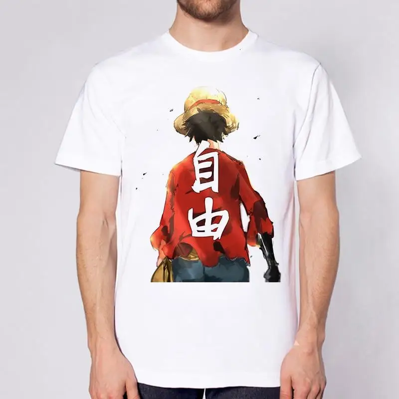 One Piece Red Hair Shanks Ink Sketch T-shirt Men Anime Print Casual Cotton Short Sleeve Street Fashion Oversized Graphic Tees